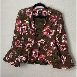 XOXO Women's Small Olive Green Peplum Jacket Floral w/Pockets Bell Sleeve‎
